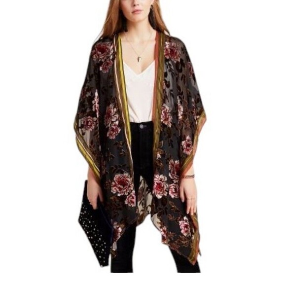 Aratta Silent Journey Viola Burnout Velvet Kimono Floral Rose Stripe Boho One Sz - Picture 1 of 15